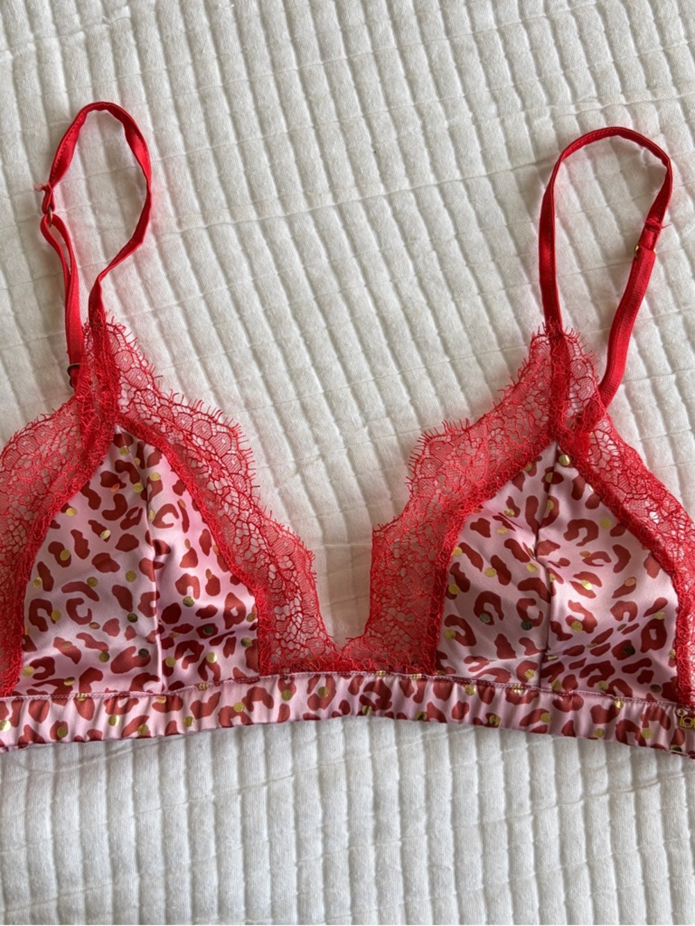 Victoria’s Secret XS Bralette Red Lace Pink Leopard Print Gold Dot Triangle Bra